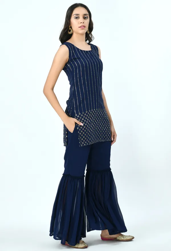Blue_Printed_Mukaish_Kurti_With_Sharara_&_Dupatta