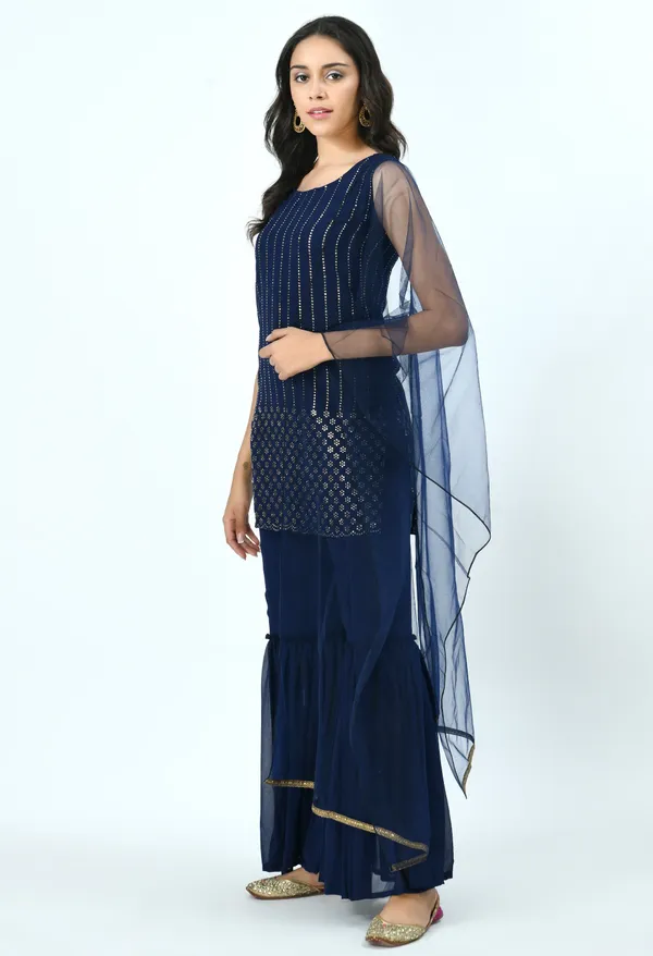 Blue_Printed_Mukaish_Kurti_With_Sharara_&_Dupatta