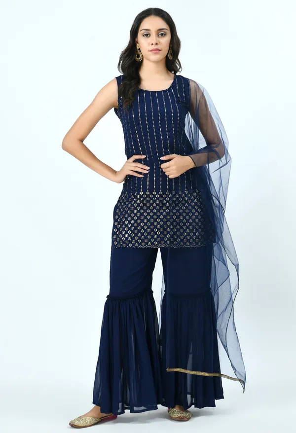 Blue_Printed_Mukaish_Kurti_With_Sharara_&_Dupatta