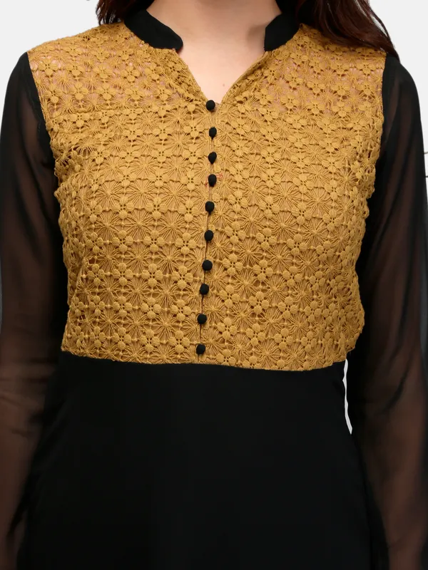 Mustard_&_Black_Lace_Empire_Waist_Front_Button_Design_A-Line_Long_Indo_Westen_Dress_For_Women