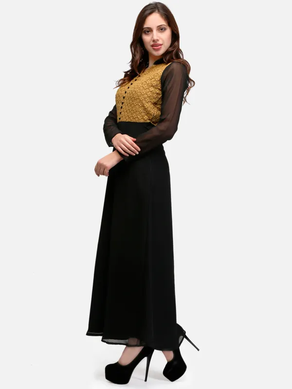 Mustard_&_Black_Lace_Empire_Waist_Front_Button_Design_A-Line_Long_Indo_Westen_Dress_For_Women