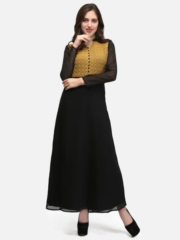 Mustard_&_Black_Lace_Empire_Waist_Front_Button_Design_A-Line_Long_Indo_Westen_Dress_For_Women