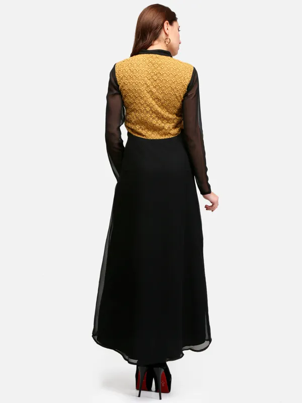 Mustard_&_Black_Lace_Empire_Waist_Front_Button_Design_A-Line_Long_Indo_Westen_Dress_For_Women