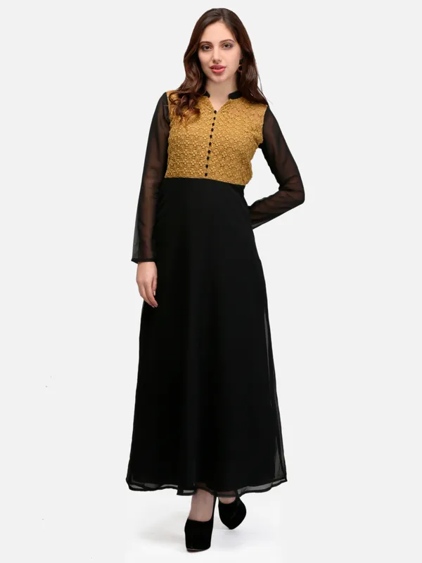 Mustard_&_Black_Lace_Empire_Waist_Front_Button_Design_A-Line_Long_Indo_Westen_Dress_For_Women