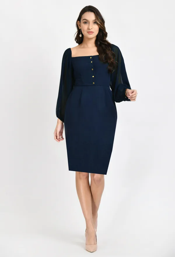 V&M_Teal_Blue_Front_Button_Shift_Dress_For_Women