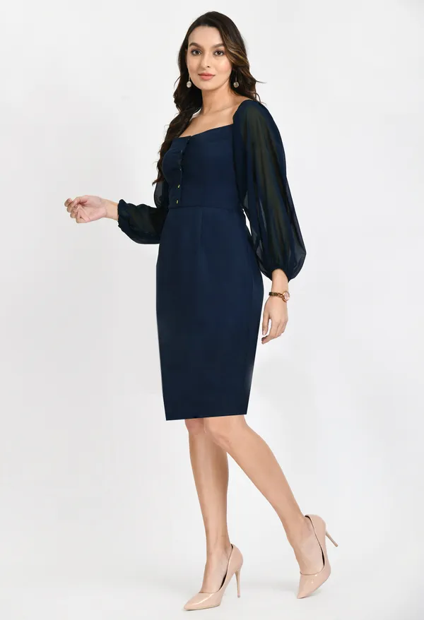 V&M_Teal_Blue_Front_Button_Shift_Dress_For_Women