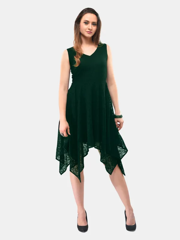 V&M_Green_Lace_Asymmetrical_Sleeveless_Dress_For_Women