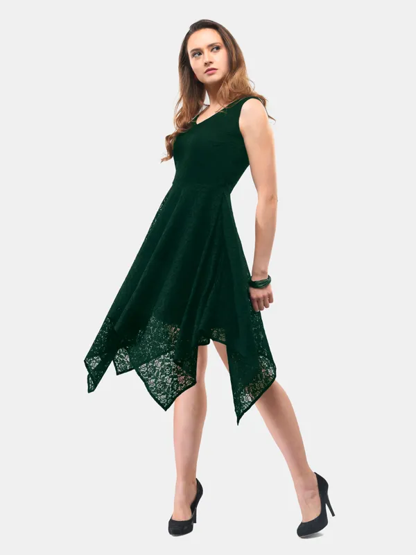V&M_Green_Lace_Asymmetrical_Sleeveless_Dress_For_Women