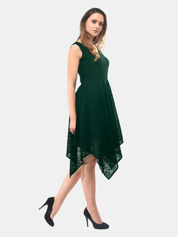 V&M_Green_Lace_Asymmetrical_Sleeveless_Dress_For_Women