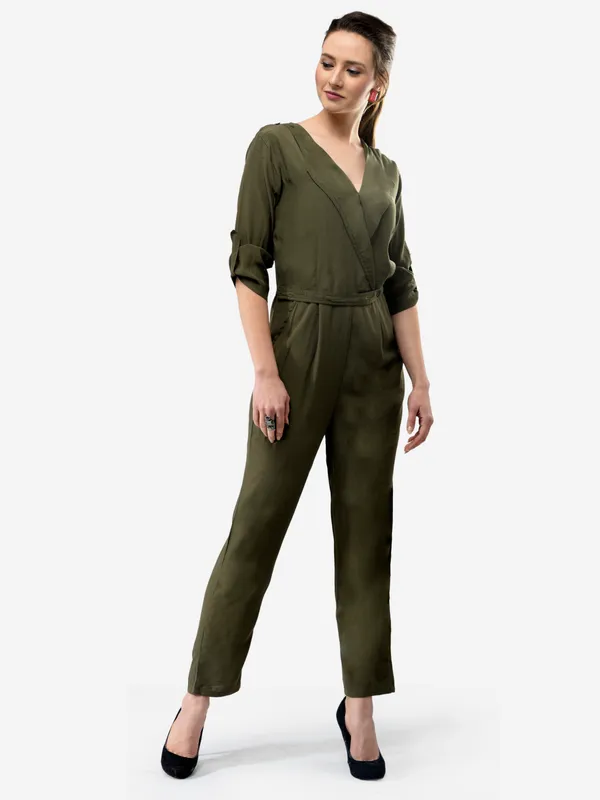 Olive_Green_Rayon_Solid_Wrap_V-Neck_3/4_Roll-Up_Sleeves_Straight_Leg_Jumpsuit_For_Women