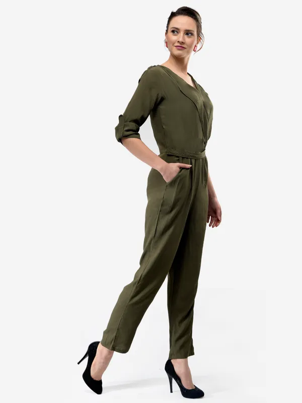 Olive_Green_Rayon_Solid_Wrap_V-Neck_3/4_Roll-Up_Sleeves_Straight_Leg_Jumpsuit_For_Women
