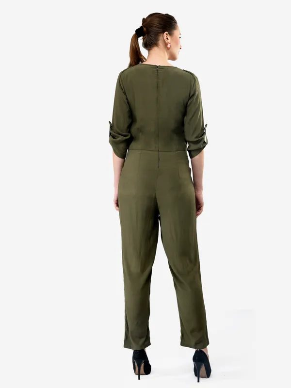 Olive_Green_Rayon_Solid_Wrap_V-Neck_3/4_Roll-Up_Sleeves_Straight_Leg_Jumpsuit_For_Women