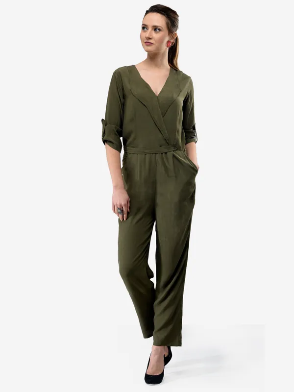 Olive_Green_Rayon_Solid_Wrap_V-Neck_3/4_Roll-Up_Sleeves_Straight_Leg_Jumpsuit_For_Women