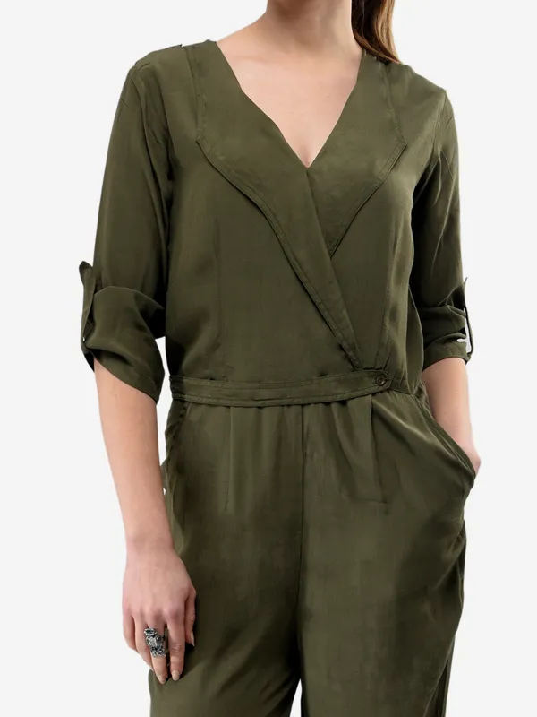 Olive_Green_Rayon_Solid_Wrap_V-Neck_3/4_Roll-Up_Sleeves_Straight_Leg_Jumpsuit_For_Women