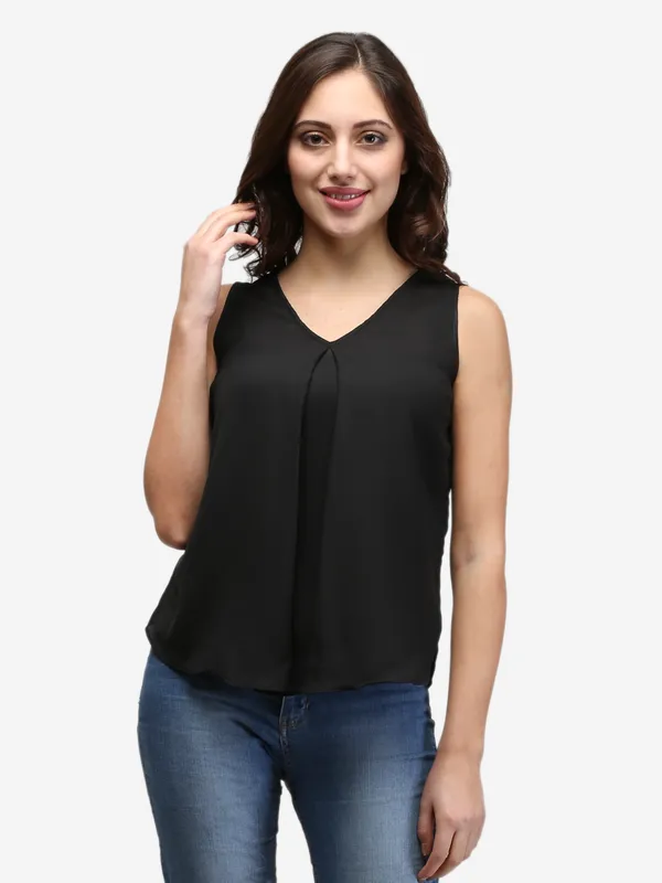 Black_Plain_Basic_Flowy_V-Neck_Pleated_Sleeveless_Summer_Basic_Tank_Top