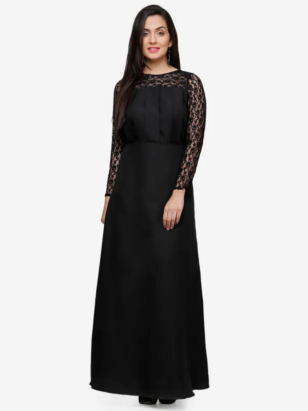 Black_Floral_Lace_Full_Sleeves_Jewel_Neck_Pleated_Empire_Waist_Evening_Long_Gown_Dress