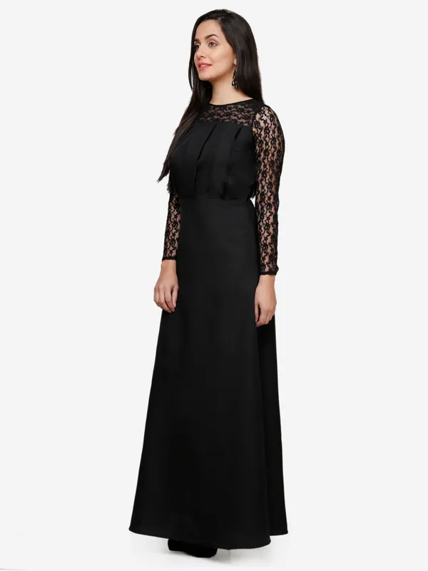 Black_Floral_Lace_Full_Sleeves_Jewel_Neck_Pleated_Empire_Waist_Evening_Long_Gown_Dress