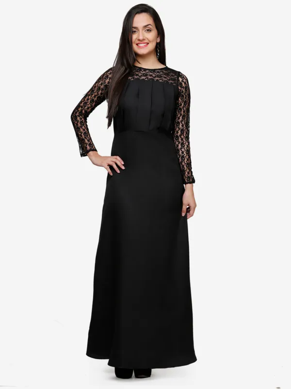 Black_Floral_Lace_Full_Sleeves_Jewel_Neck_Pleated_Empire_Waist_Evening_Long_Gown_Dress