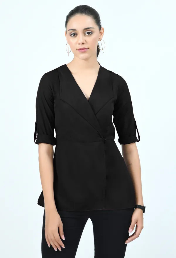 Black_Roll-Up_Sleeves_Crepe_Wrap_Top_For_Women