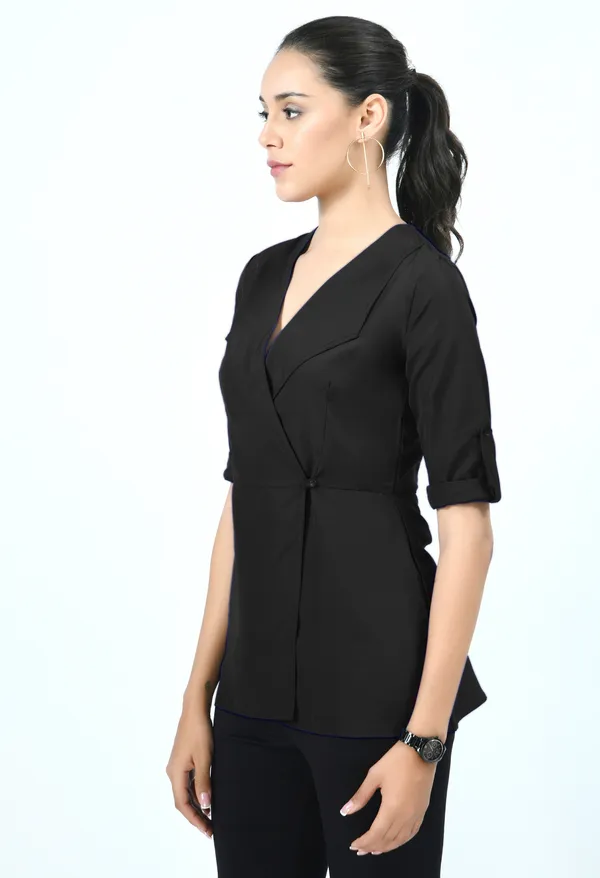 Black_Roll-Up_Sleeves_Crepe_Wrap_Top_For_Women