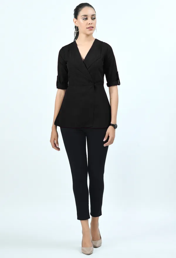Black_Roll-Up_Sleeves_Crepe_Wrap_Top_For_Women