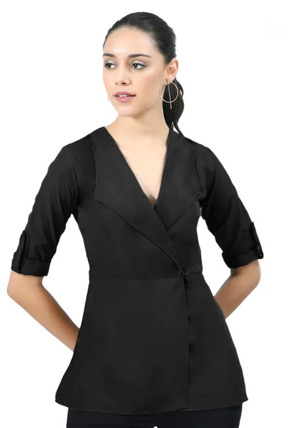Black_Roll-Up_Sleeves_Crepe_Wrap_Top_For_Women