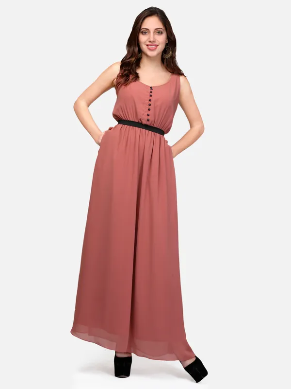 Rust_Plain_Scoop_Neck_Front_Open_Elasticated_Waist_Long_Maxi_Dress_With_Two_Pockets