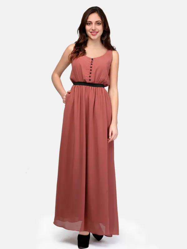 Rust_Plain_Scoop_Neck_Front_Open_Elasticated_Waist_Long_Maxi_Dress_With_Two_Pockets