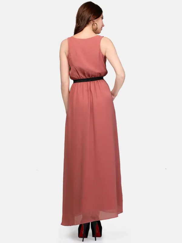 Rust_Plain_Scoop_Neck_Front_Open_Elasticated_Waist_Long_Maxi_Dress_With_Two_Pockets