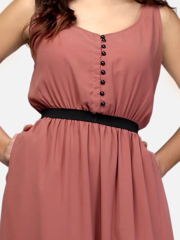 Rust_Plain_Scoop_Neck_Front_Open_Elasticated_Waist_Long_Maxi_Dress_With_Two_Pockets