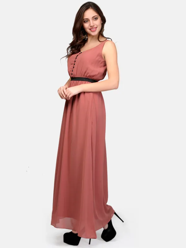 Rust_Plain_Scoop_Neck_Front_Open_Elasticated_Waist_Long_Maxi_Dress_With_Two_Pockets