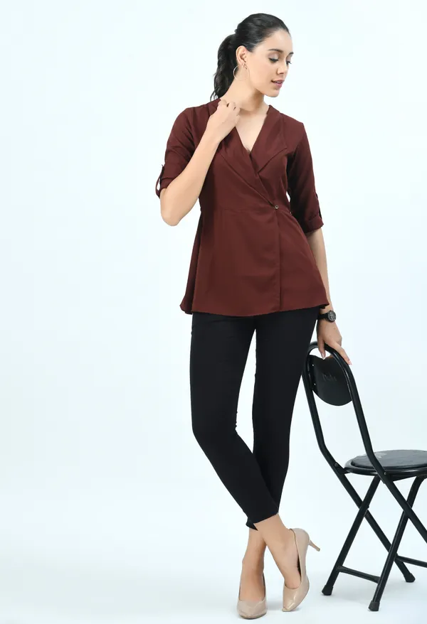 Brown_Ganache_Roll-Up_Sleeves_Crepe_Wrap_Top