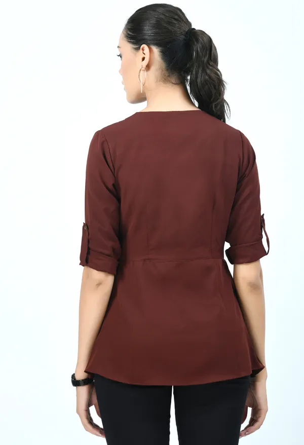Brown_Ganache_Roll-Up_Sleeves_Crepe_Wrap_Top