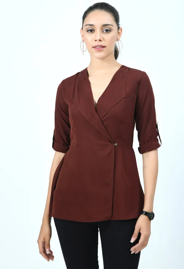 Brown_Ganache_Roll-Up_Sleeves_Crepe_Wrap_Top