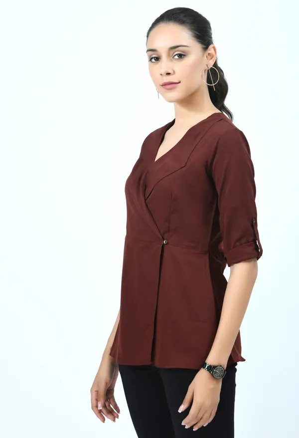 Brown_Ganache_Roll-Up_Sleeves_Crepe_Wrap_Top