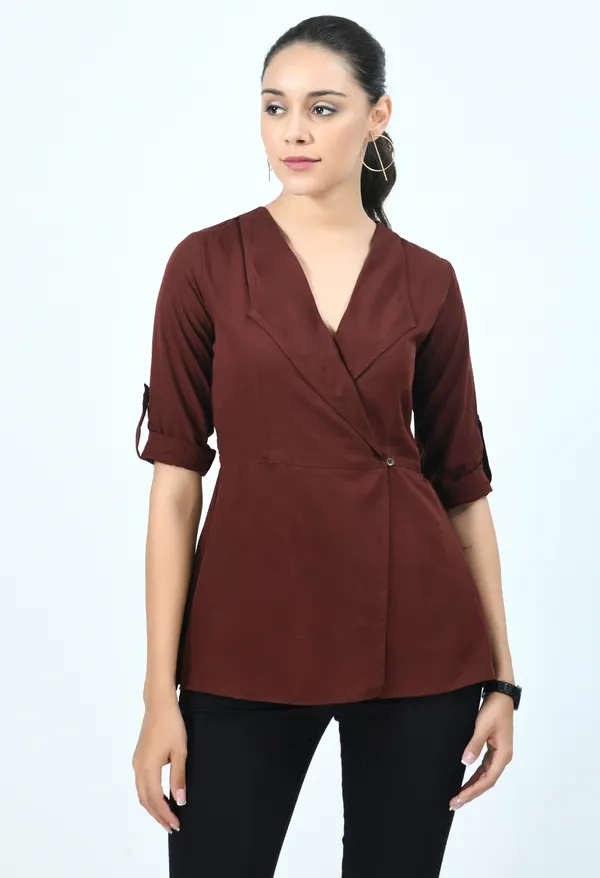 Brown_Ganache_Roll-Up_Sleeves_Crepe_Wrap_Top
