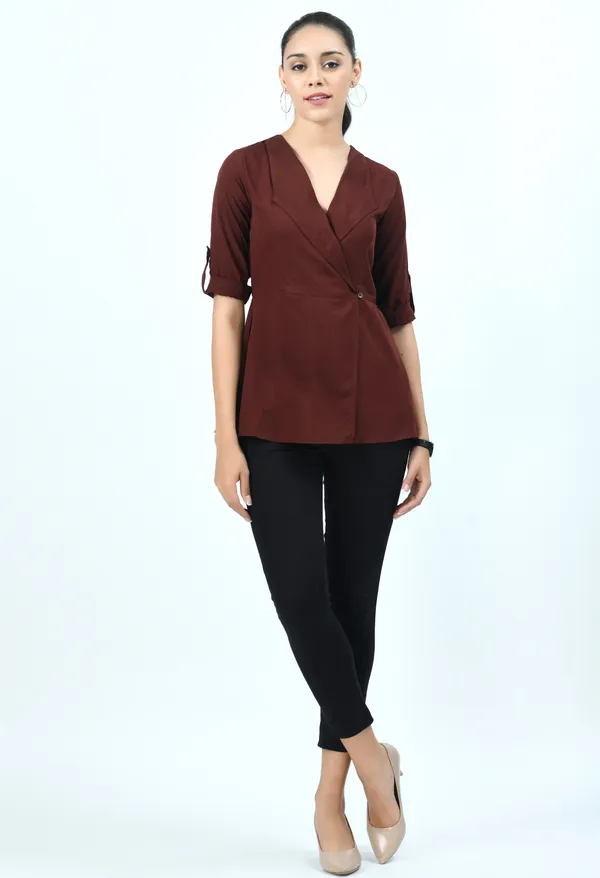 Brown_Ganache_Roll-Up_Sleeves_Crepe_Wrap_Top