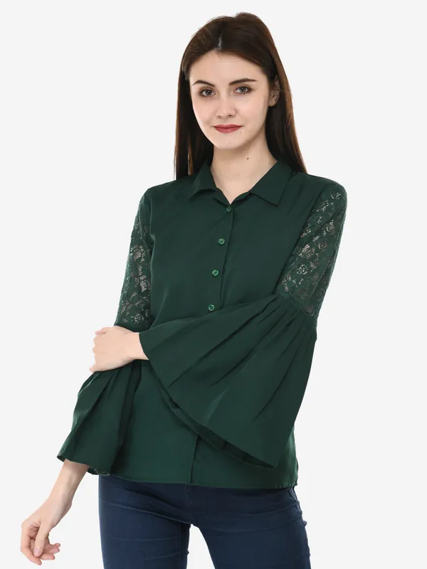 Green_Designer_Button_Down_Shirt_With_Pleated_Bell_Sleeves_Top_For_Women