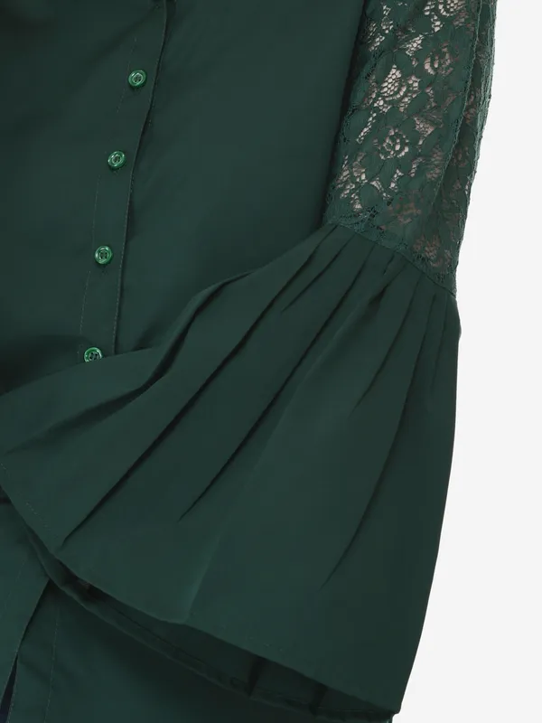 Green_Designer_Button_Down_Shirt_With_Pleated_Bell_Sleeves_Top_For_Women