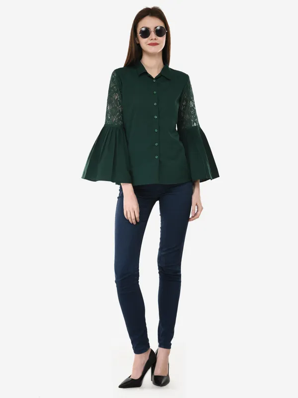 Green_Designer_Button_Down_Shirt_With_Pleated_Bell_Sleeves_Top_For_Women