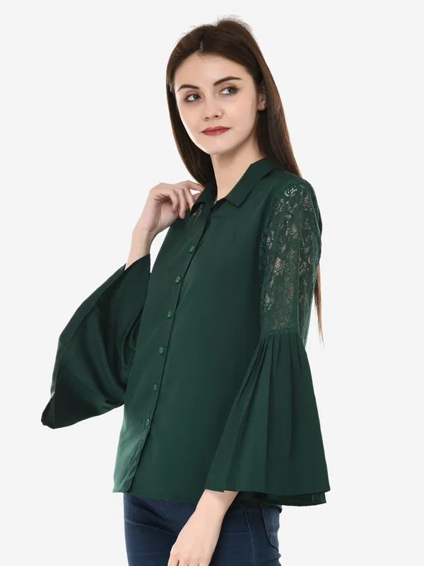 Green_Designer_Button_Down_Shirt_With_Pleated_Bell_Sleeves_Top_For_Women