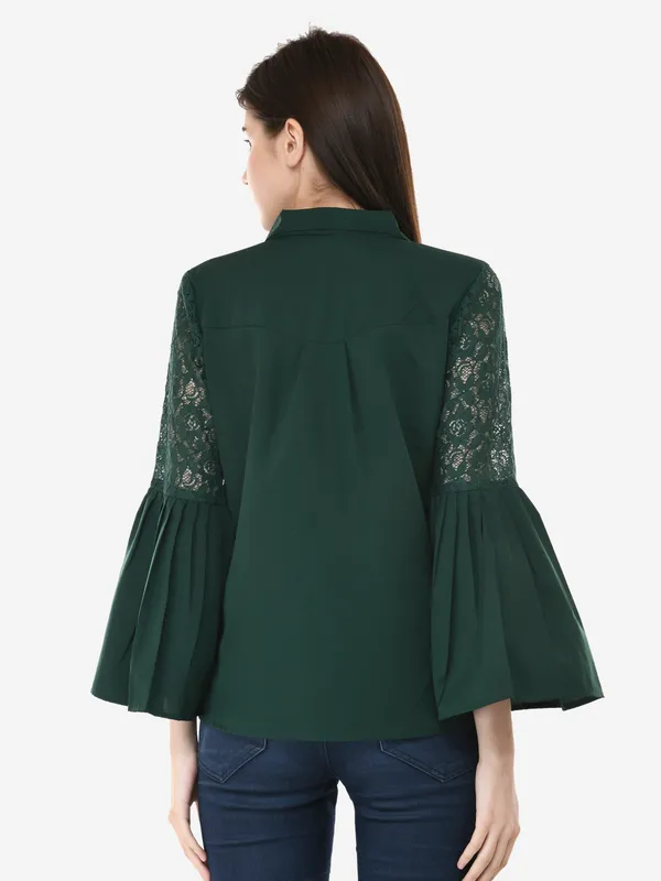 Green_Designer_Button_Down_Shirt_With_Pleated_Bell_Sleeves_Top_For_Women