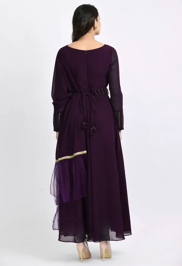 V&M_Purple_Mukesh_Work_Anarkali_Ethnic_Dress_With_Duptta_And_Belt