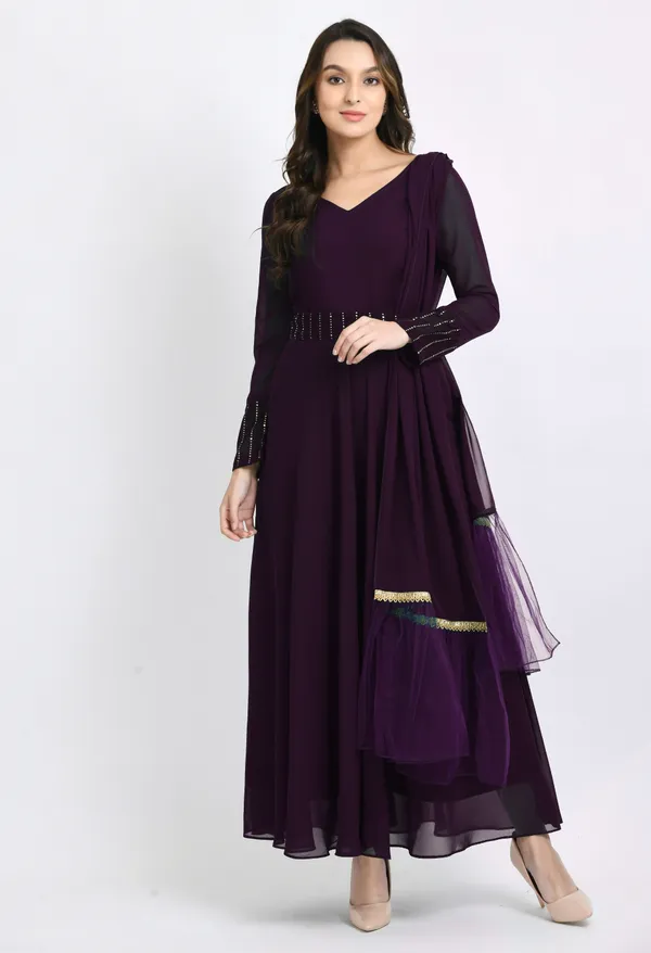 V&M_Purple_Mukesh_Work_Anarkali_Ethnic_Dress_With_Duptta_And_Belt