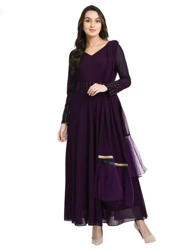 V&M_Purple_Mukesh_Work_Anarkali_Ethnic_Dress_With_Duptta_And_Belt