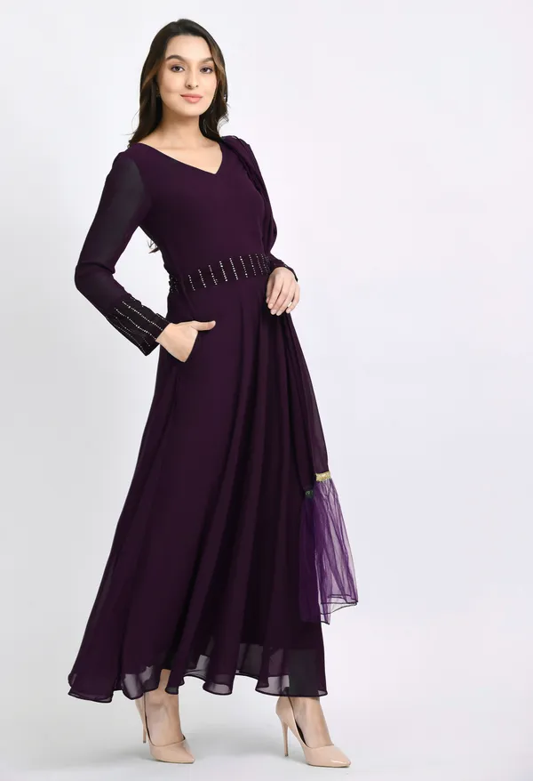 V&M_Purple_Mukesh_Work_Anarkali_Ethnic_Dress_With_Duptta_And_Belt