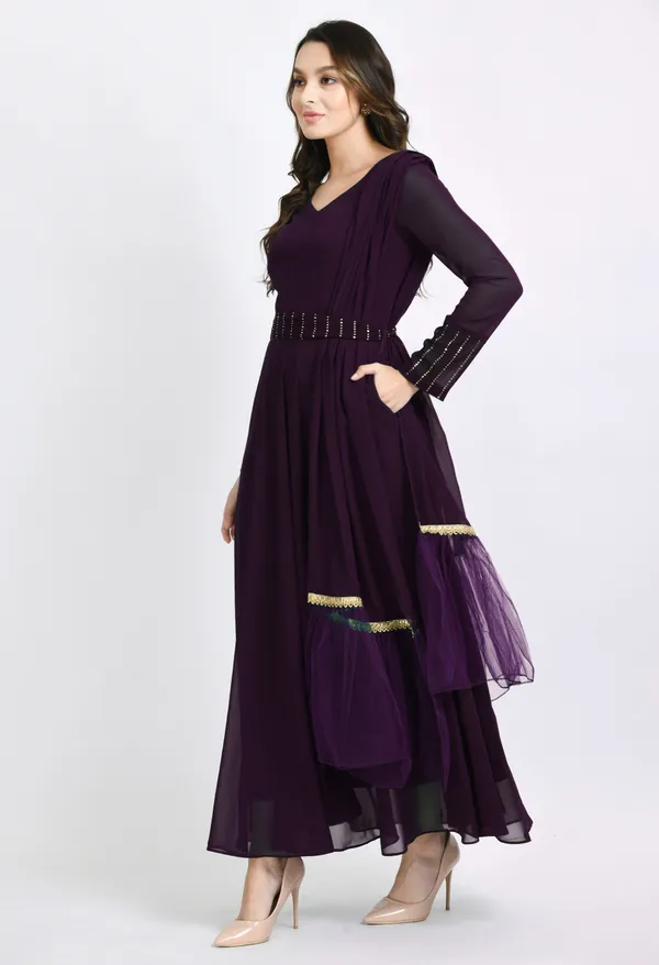 V&M_Purple_Mukesh_Work_Anarkali_Ethnic_Dress_With_Duptta_And_Belt
