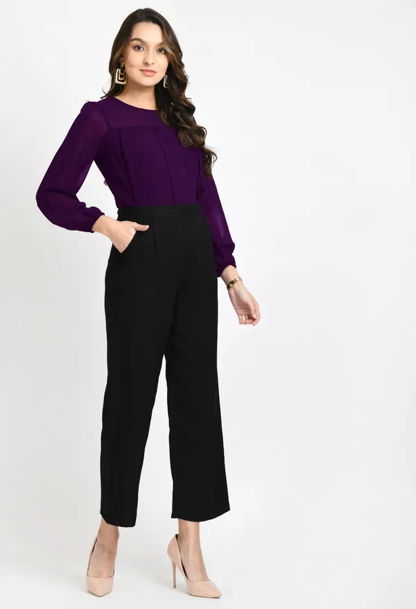 V&M_Purple_And_Black_Color_Block_Pleated_Jumpsuit_For_Women
