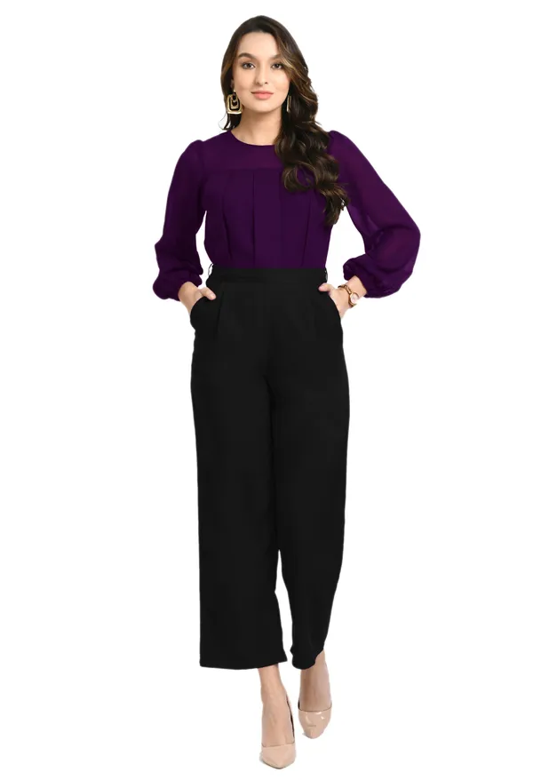 V&M_Purple_And_Black_Color_Block_Pleated_Jumpsuit_For_Women