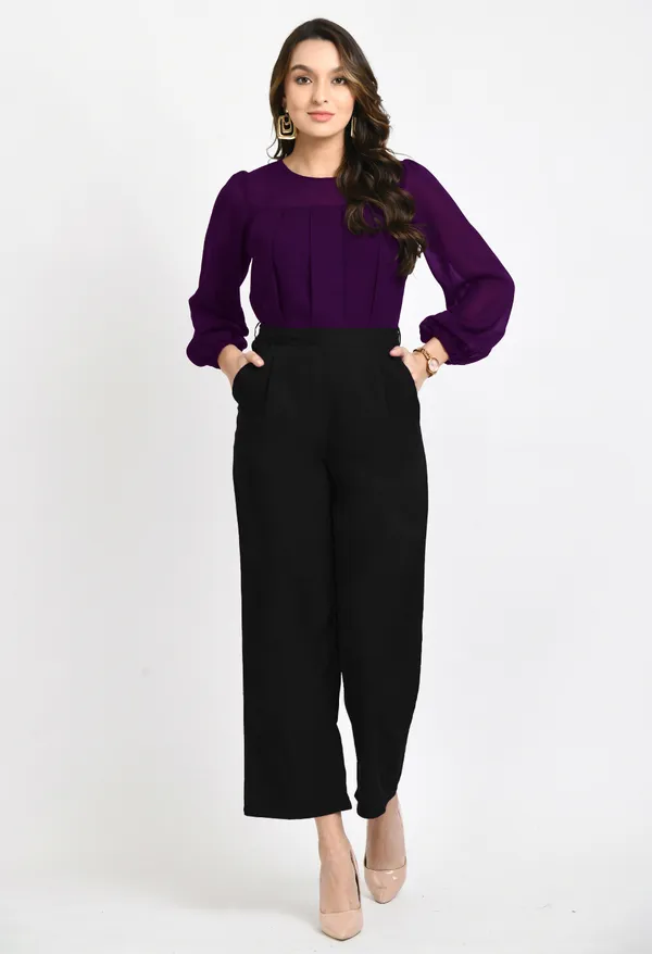 V&M_Purple_And_Black_Color_Block_Pleated_Jumpsuit_For_Women